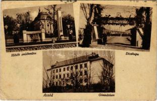 Aszód, mozaiklap 3 képpel: Hősök emlékműve, díszkapu, gimnázium. Özv. Ippy kiadása (fa)