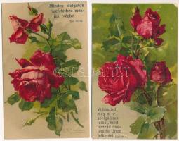 2 db RÉGI litho művészlap: Catharina Klein rózsás lapok zsoltárral / 2 pre-1945 litho art postcards: roses with psalms, signed by C. Klein