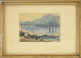 AB jelzéssel: Vízparti táj. Akvarell, papír. Hátoldalán ismeretlen kézzel írt soraival. Üvegezett, sérült fakeretben. 8x15 cm