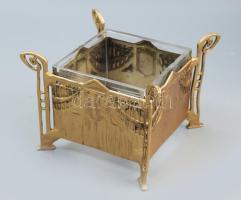 Aranyozott szecessziós kínáló üvegbetéten lepattanással, 13x11x9 cm