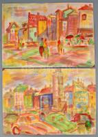 Durkó Gábor (1916-2003), össz. 7 db mű: Városrészletek. Akvarell, monotípia, papír, egyik jelzett, részben sérült, 30x42 cm körüli méretekben