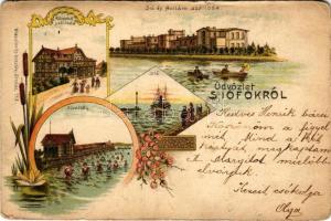1899 (Vorläufer) Siófok, Központi szálloda, fürdőház, Sió és Hullám szálloda, Sió. Wlaszlovits Gusztáv kiadása (Stósz). Art Nouveau, floral, litho (kopott sarkak / worn corners)