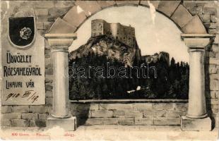 1910 Likavka, Likava (Rózsahegy, Ruzomberok); Likavai várrom. Fischer kiadása, szecessziós keret címerrel / Likavsky hrad / castle ruins. Art Nouveau frame with coat of arms (felületi sérülés / surface damage)