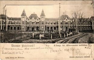 Miskolc, a magyar királyi államvasutak indóháza, vasútállomás, vonat. Lővy József fia kiadása, Bárdos felvétele (EK)