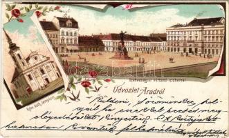 1898 (Vorläufer) Arad, római katolikus templom, Szabadság tér, Vértanú szobor, üzletek. C. Jurischek (Salzburg) / Roman Catholic church, square, statue, shops. Art Nouveau, floral, litho (gyűrődések / creases)