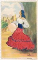 Granada / Spanish folklore - modern silk and textile card / Spanyol táncos - Modern textil képeslap (EK)