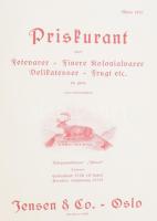 cca 1900 Oslo, vadhús és gyarmatárú árjegyzék Jensen &amp; Co. Priskurant over Fetevarer - Finer...