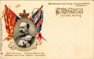 His Majesty King Edward VII. "Ever beloved and loving may his rule be" "God save the King" Raphael Tuck &amp; Sons' "Empire" Postcard Series 239. Art Nouveau, Emb. litho with flags (apró lyuk / tiny pinhole)