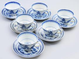 Kínai porcelán teás készlet. Hat csésze, aljjal, jelzett, kézzel festett, egyik sérült.