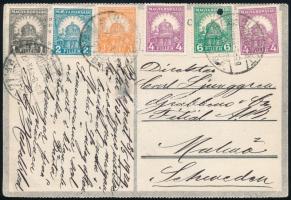 1929 Képes levelezőlap 6 db Pengő-fillér bélyeggel bérmentesítve Malmőbe / Postcard to Malmo