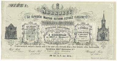 Újvidék 1865. "Az újvidéki magyar reformegyház elkezdett temploma építésére" sorsjegy, kézi "4262" sorszámmal, hátoldalon 7kr névértékű okmánybélyeggel T:F szép papír / Novi Sad 1865. "Az újvidéki magyar reformegyház elkezdett temploma építésére (For the building of the Reformated Church in Novi Sad)" lottery ticket with handwritten "4262" serial number, with 7kr document stamp on backside C:F fine paper
