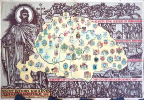 [Térkép] Szent István 1000 éves Magyarországa. Vármegyéink címeres térképe. Rajzolta Haranghy Jenő. Budapest, (1938). Magyar Egyetemi és Főiskolai Hallgatók Szövetsége - Klösz György és Fia ny. Színes térkép, mérete: 400x590 mm egy 420x605 mm méretű térképlapon. A Haranghy Jenő grafikusművész által rajzolt színes térkép Szent István halálának 900. évfordulója alkalmából jelent meg. A térképen a történelmi Magyarország 1881-1920 közötti vármegyebeosztása, amely ebben a formában az 1876. évi megyerendezéssel jött létre, 1881-ben pedig Krassó és Szörény, illetve Abaúj és Torna vármegyék egyesítésével véglegedesett. Fekete határvonal szerint elkülönül az országi trianoni területe. Valamennyi megye címere feltüntetve, a térkép hátterében Haranghy Jenő egész alakos Szent István-portréja, illetve fametszetű grafikái. Térképünk bal szélén szakadásnyomok, kisebb sérülések, alul apróbb hiányok és sérülések, jobb és felső szélén apró szakadásnyomok, hátoldalán foltosság. Enyhén sérült térkép, hajtásnyomokkal.
