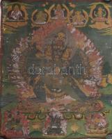 Thangka, Yamantaka és Vajraventali ábrázolással. Tibet vagy Kína, cca 1900, kézzel festett, kopással, sérüléssel, 94x68 cm