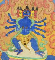Thangka, nyolckarú Mahakala ábrázolással. Kína, 20. sz. első fele, kézzel festett, sérüléssel, kopás...