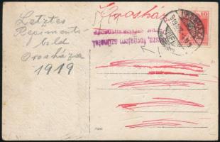 1919 Képeslap kéretlen tartalom miatt kiradírozva, cenzúrázva, vissza a feladónak "OROSHÁZA" - "Vissza, forgalom szünetel!"