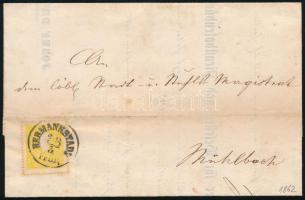 2kr sötétsárga II. típus nyomtatványon teljes tartalommal (ANK EUR 180.-), / 2kr type II dark yellow on printed matter "HERMANNSTADT / Früh" - "MÜHLENBACH" (ANK EUR 180.-)