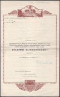 1940 Bp., a M. kir. Honvéd Vezérkar Főnöke által kiállított dicsérő oklevél vitéz Lévay Gábor m. kir. főhadnagy részére: ,,Főhadnagy Urnak, Kelet-Magyarország és Erdély egy részének a Magyar Szent Koronához történt visszacsatolása alkalmából [...] kifejtett kiváló és eredményes teljesítményeiért dícsérő elismerésemet fejezem ki." Budapest, 1940. október 31. Werth Henrik (1881-1952) vezérezredes, gyalogsági tábornok, a Magyar Királyi Honvédség vezérkari főnöke sokszorosított aláírásával, Erdély címerét ábrázoló dekoratív grafikával (szign.: Pethely Gyula), illetve dombornyomott angyalos-koronás címerrel díszítve, középen hajtott, 41,5x26 cm