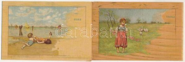 cca 1905 ,,Az Ujság" leporellószerűen kihajtható zsebnaptára, a négy évszakot megjelenítő színes, litografált illusztrációkkal (Basch Árpád grafikái), kihajtva: 9x55 cm