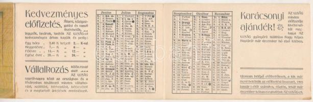 cca 1905 ,,Az Ujság" leporellószerűen kihajtható zsebnaptára, a négy évszakot megjelenítő színe...