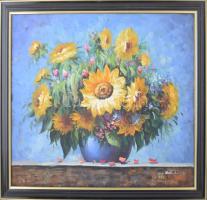 Olvashatatlan jelzéssel: Csendélet. Olaj, farost. 52,5x63 cm. Dekoratív fakeretben.