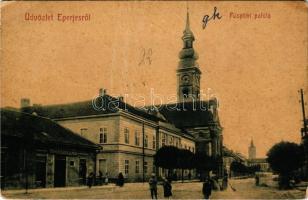 1907 Eperjes, Presov; Püspöki palota, Trosztler Kálmán üzlete. No. 621. (W.L. ?) / Bishop's palace, shops (felületi kopás / worn surface)