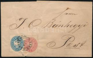 1865 Levél 1863 10kr + 1864 5kr vegye bérmentesítéssel "NAGY-KÁROLY" - "PEST / Abend", 1863 10kr + 1864 5kr mixed franking on cover "NAGY-KÁROLY" - "PEST / Abend"
