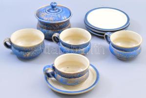 Szilágyi Péter 4 személyes kerámia kévés szett, csészék, aljjal, cukordoboz. Mázas kerámia, egyik jelzett, hibátlan