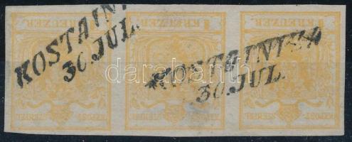 1kr stipe of 3 ocher HP I a "KOSTAINICA" Certificate: Strakosch, 1kr hármas csík okkersárga HP I a Certificate: Strakosch