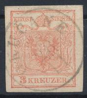 3kr világos paradicsom piros MP I b Certificate: Strakosch, 3kr light tomato red MP I b "OKUČANE" Gravurtype 2-1 Certificate: Strakosch
