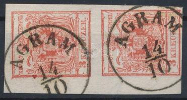 3kr carmine HP III a, vertical pair with large watermark "AGRAM" Sign: Puschmann, Certificate: Steiner, 3kr karmin HP III a, függőleges ívszéli pár nagy vízjellel Sign: Puschmann, Certificate: Steiner