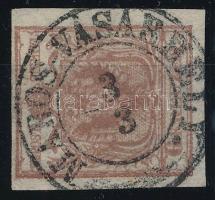 Az 1850-es kiadás; 1850 6kr rozsdabarna HP I c ívszéli nyomat vízjellel Certificate: Strakosch, 6kr rust brown HP I c margin piece with watermark "MAROS-VÁSÁRHELY" Certificate: Strakosch