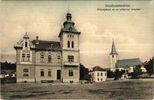 Dicsőszentmárton, Tarnaveni, Diciosanmartin; Községháza és az unitárius templom. Dostál Kálmán kiadása / town hall, Unitarian church (EK)