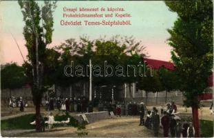 Szépfalu, Temesszépfalu, Temes-Szépfalu, Seredin, Frumuseni; Úrnapi körmenet és kápolna. Láncz András kiadása / Frohnleichnamsfest und Kapelle / Corpus Christi procession and chapel (Rb)