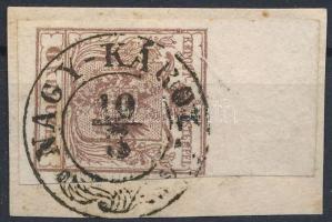 Az 1850-es kiadás; 1850 6kr HP III ívszéli nyomat és 10 mm felső ívszél, lemezhiba Certificate: Steiner, 6kr HP III with 10 mm margin and plate flaw "NAGY-KÁROLY" Certificate: Steiner