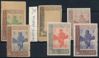 1905 Segítsetek! 6 klf adománybélyeg, köztük egy hiányos grafikával / 6 charity stamps, 1 missing design