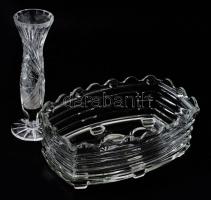 Üveg kínáló tál, közepén lyukkal, 24x16 cm + kristály váza 21 cm