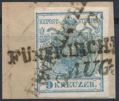 9kr HP I with plate varieties "FÜNFKIRCHEN" Magistris 14, Index 8 Certificate: Strakosch, 9kr HP I lemezhibával Certificate: Strakosch