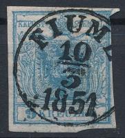 9kr HP I with margin piece and watermark "FIUME / 1851" Certificate: Steiner, 9kr HP I ívszéli nyomat vízjellel Certificate: Steiner