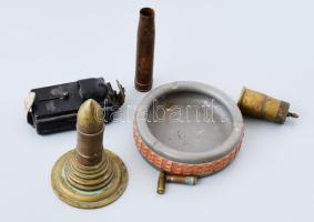 Militária tétel: Kilőtt gránát hamutál, töltényhüvelyből készült öngyújtó, sima töltényhüvely