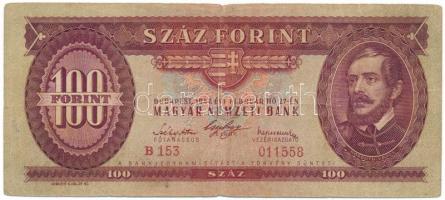 1947. 100Ft "B 153 011558" T:F-VG, hajtások mentén elvékonyodott papír Adamo F27