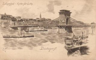 Budapest Lánchíd rézkarc s: C. Jander