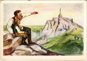 Dévény, Theben a. d. Donau, Devín (Pozsony, Pressburg, Bratislava); Dévényi ezredéves emlék. Kiadja a Magyar Nemzeti Szövetség, Don Bosco Ny. / Hungarian irredenta art postcard, Hungarian Millennium monument s: Nógrády Magda (EM)