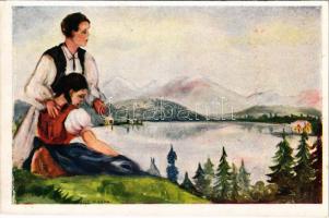 Tátra, Magas-Tátra, Vysoké Tatry; Csorba-tó. Kiadja a Magyar Nemzeti Szövetség, Don Bosco Ny. / Hungarian irredenta art postcard from Strbské Pleso (Vysoké Tatry) s: Nógrády Magda (EK)