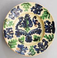 Tál. Homoróddaróc, Mázas cserép, kézzel festett XIX. sz. mázhibával d: 23 cm