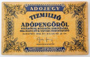 1946. 10.000.000AP sorszámozás nélküli, vízjeles papíron és fordított címerrel T:F,VG / Hungary 1946...
