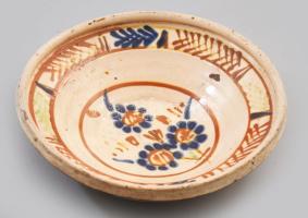Tál. Erdélyi, Mázas cserép, kézzel festett XIX. sz. mázhibával d: 23 cm