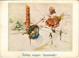 Boldog magyar újesztendőt! Határsorompó / Hungarian New Year irredenta greeting art postcard, border crossing with barrier s: Bozó (kopott sarkak / worn corners)