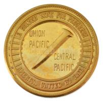Amerikai Egyesült Államok 1969. "Union Pacific - Central Pacific - A Golden Link for Progress - America united by Rail / Golden Spike Centennial 1869-1969" kétoldalas bronz emlékérem, peremén "CANADA" jelzéssel, kapszulában, eredeti "Alaska Mint" dobozában (38mm) T:BU USA 1969. "Union Pacific - Central Pacific - A Golden Link for Progress - America united by Rail / Golden Spike Centennial 1869-1969" double-sided bronze medallion, with "CANADA" mark on the edge, in capsule, with original "Alaska Mint" case (38mm) C:BU