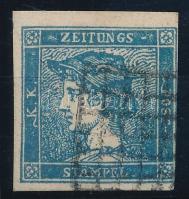 Newspaper stamp type III b grayish blue Certificate: Strakosch, Hírlapbélyeg III b szürkéskék 0,12 kartonpapír, Gran rácsos bélyegzés Certificate: Strakosch