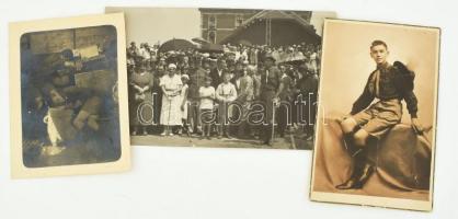 cca 1933-1936 Cserkészfotó tétel, 3 db, a hátoldalakon feliratozva, közte két fotón sérülésekkel, törésnyomokkal, 10x17 cm és 12x9 cm közötti méretben